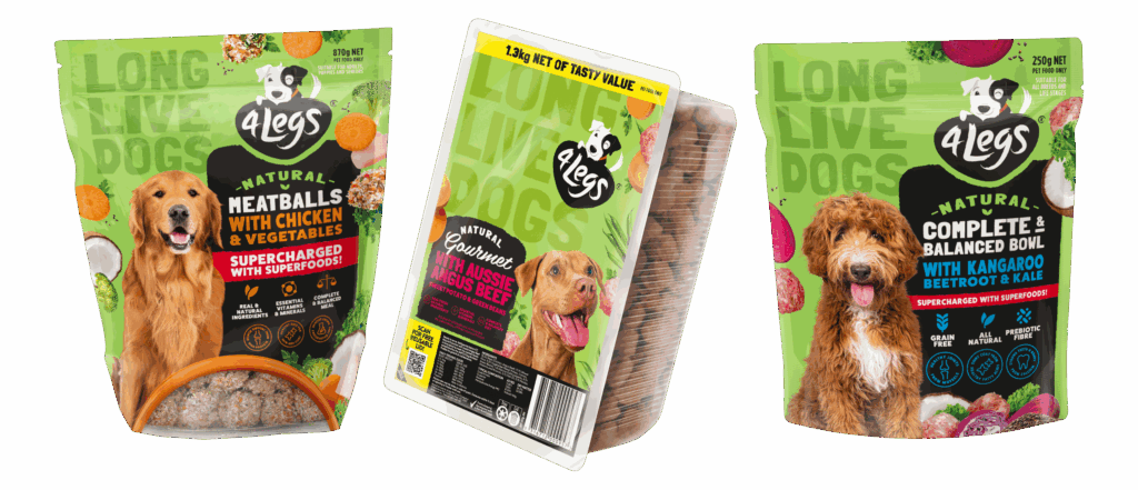 The 4Legs range - Natural Meatballs with Chicken and Vegetables, Natural Gourmet with Aussie Angus Beef, and Natural Complete and Balanced Bowl with Kangaroo, Beetroot and Kale