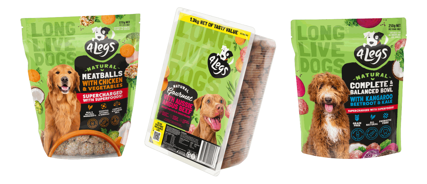 The 4Legs range - Natural Meatballs with Chicken and Vegetables, Natural Gourmet with Aussie Angus Beef, and Natural Complete and Balanced Bowl with Kangaroo, Beetroot and Kale
