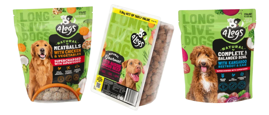 The 4Legs range - Natural Meatballs with Chicken and Vegetables, Natural Gourmet with Aussie Angus Beef, and Natural Complete and Balanced Bowl with Kangaroo, Beetroot and Kale